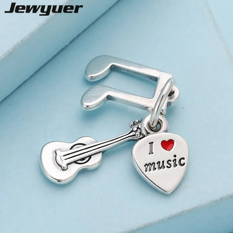 

Silver Music Dangle with Red Enamel heart Charms 925 Sterling Silver Fit Charm bead Bracelet necklace DIY fine jewelry DA123