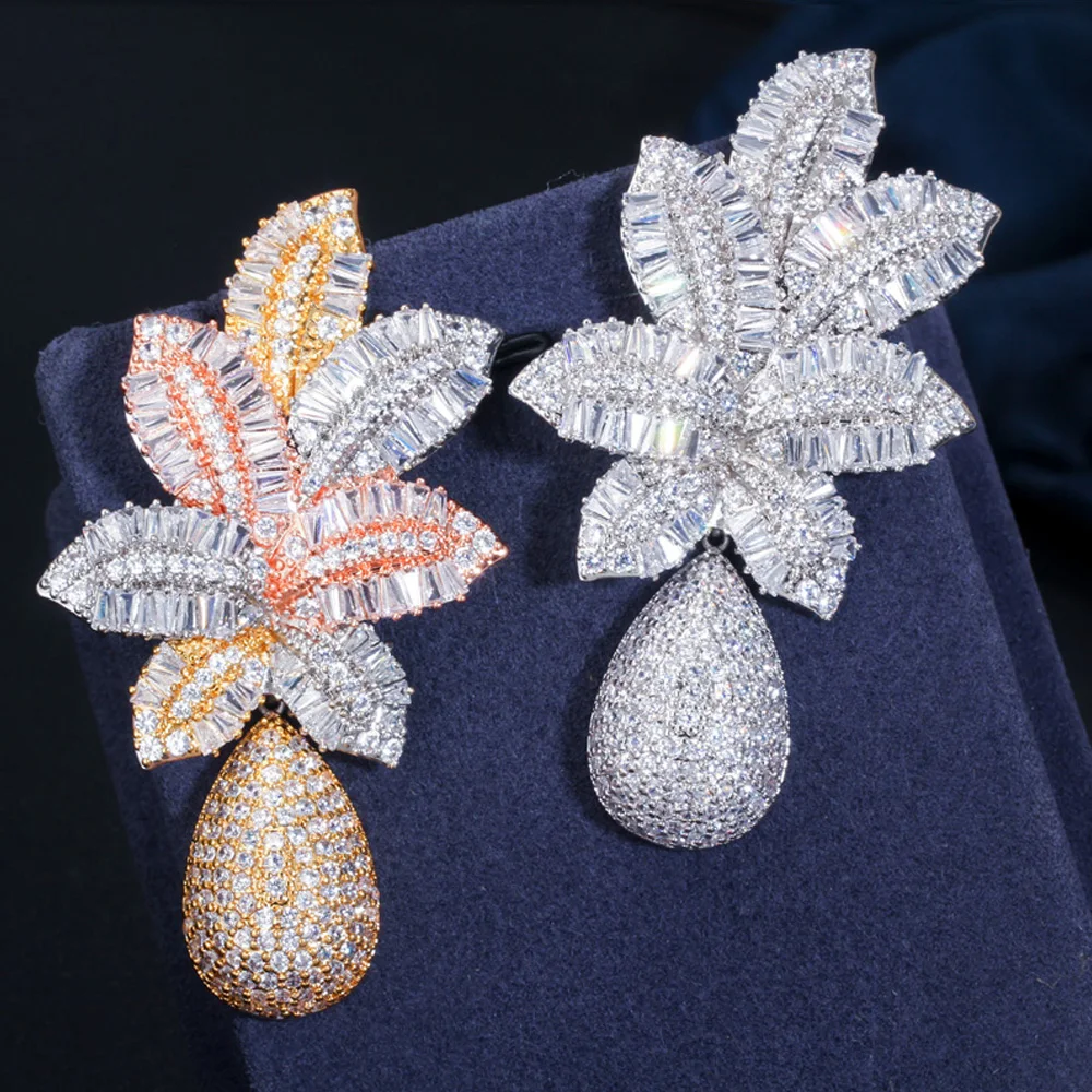 ThreeGraces Gorgeous 18k Gold Cubic Zirconia Stone Paved Nigerian Wedding Jewelry Long Drop Dangle Leaf Earrings for Women ER365 | Украшения