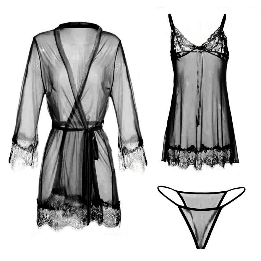 

Women Sexy Pajamas Set Lace See Through Nightgown Bow Babydoll Dress G-String