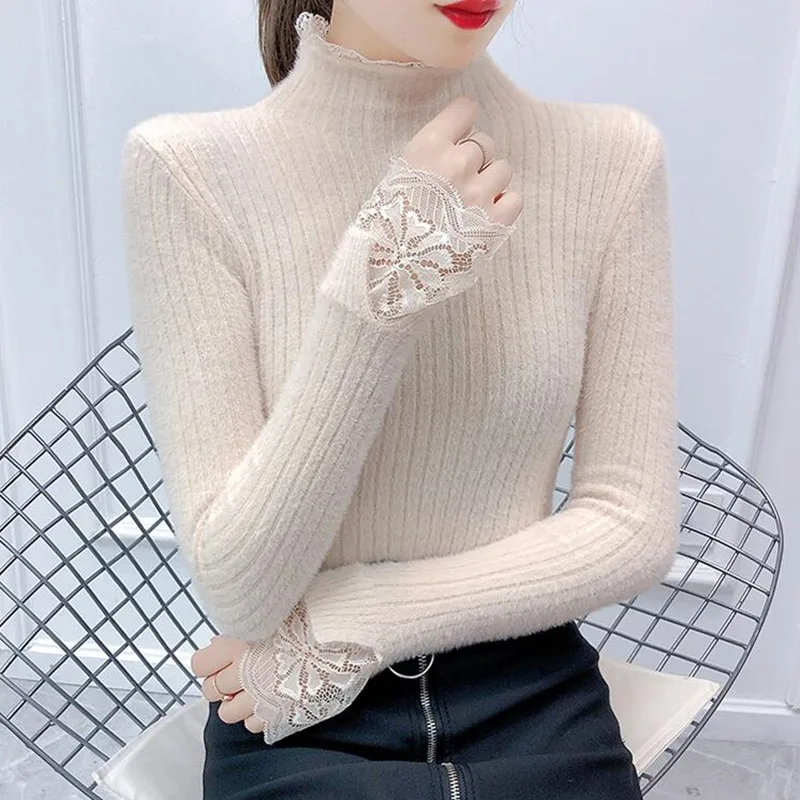 Облегающий свитер из искусственного меха норки женский осенне-зимний вязаный