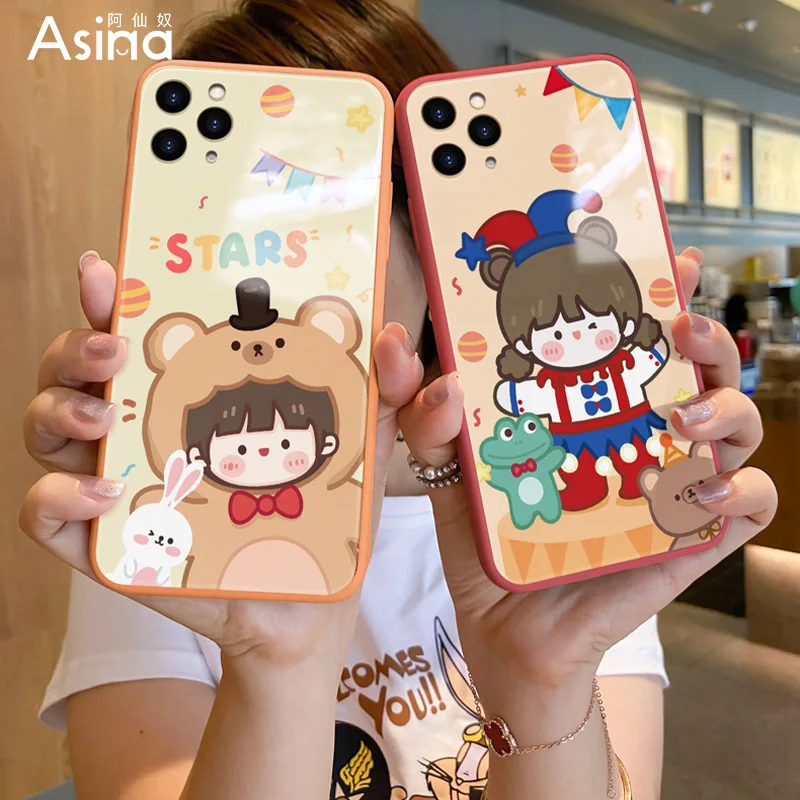 

ASINA Original Liquid Silicone Tempered Glass Case for iPhone 11 12 Pro Max 12Mini XS XR X Cartoon Cover For iPhone 6 7 8 Plus