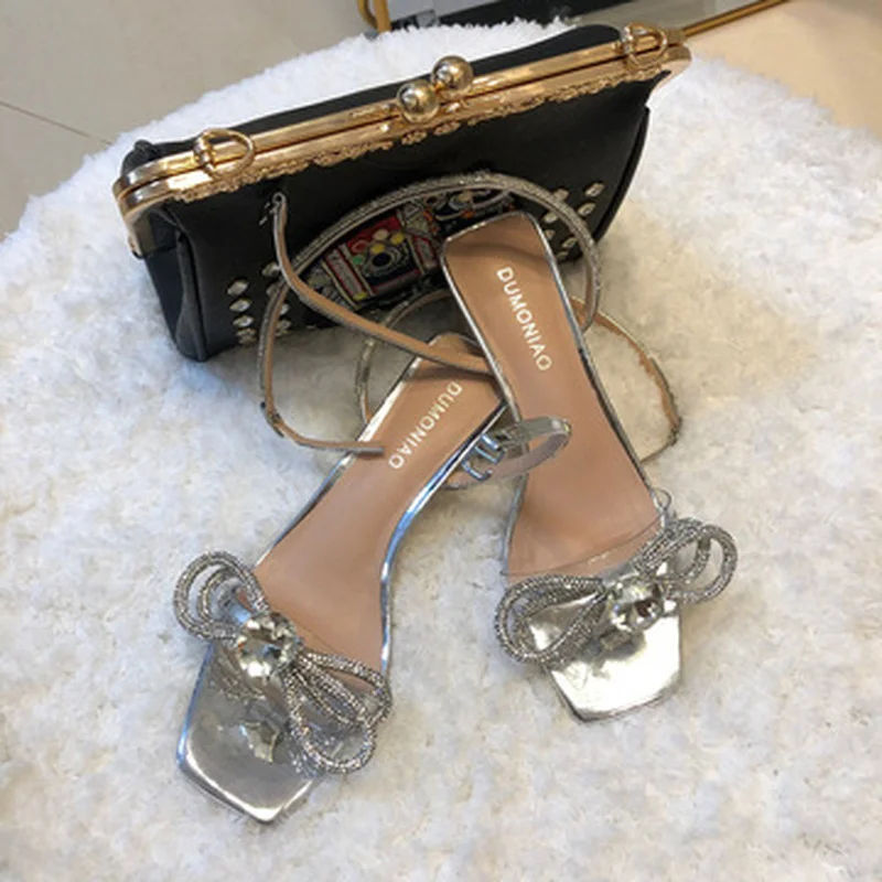 

2021 Summer New One-strap Mid-heel Sandals Silver Rhinestone Bow Thick Heel Sandals Female Fairy Style Size 34-40