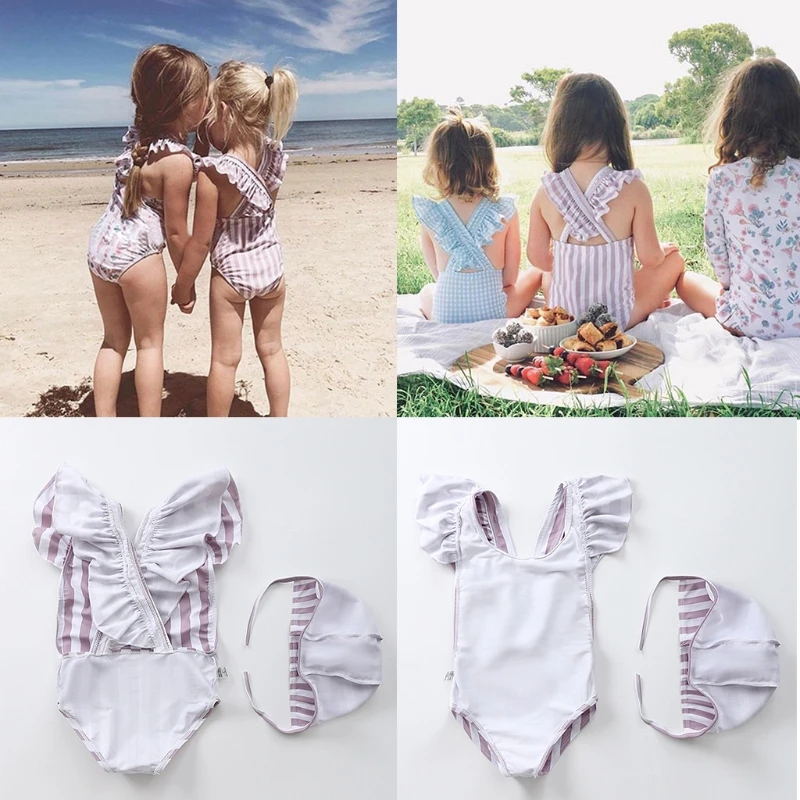 

Toddler Girls Monokini Swimsuit with Swim Cap Set Ruffles Striped Beach Swimwear