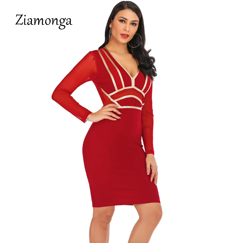 Ziamonga 2019 для женщин Весна с длинным рукавом Бандажное платье Vestidos элегантный Мини