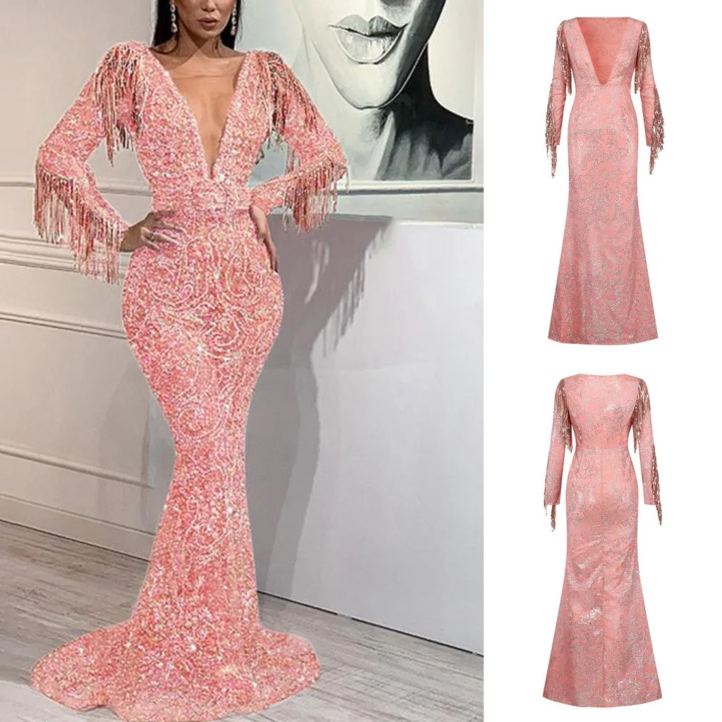 Сексуальное розовое вечернее Клубное платье с блестками женское длинное