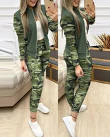autumn women camouflage print zipper jacket drawstring pants set 2022 femme casual tracksuits set lady sporty outfits traf