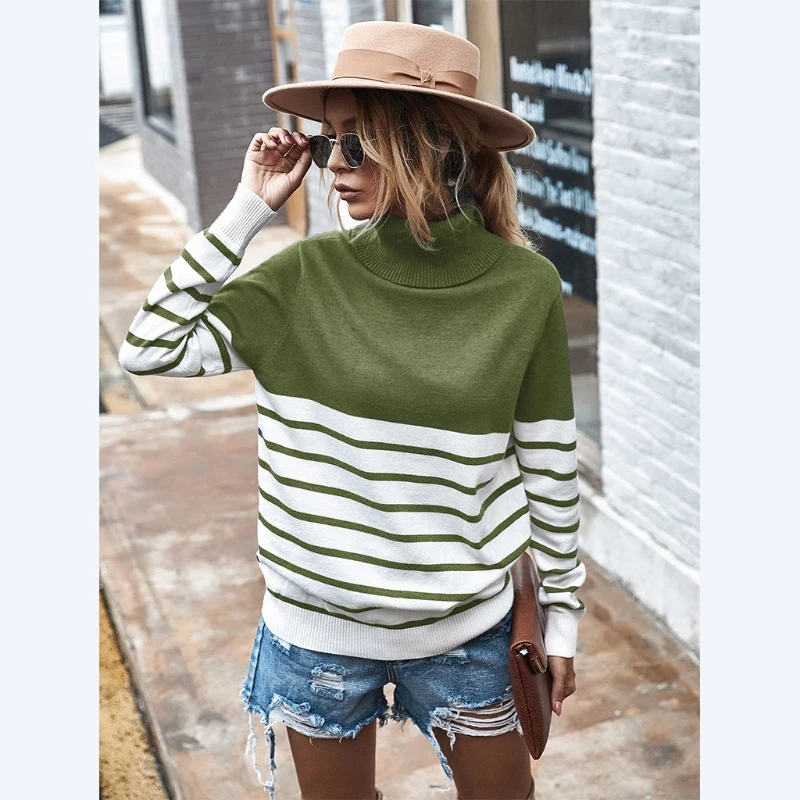 

Women Autumn Winter Long Sleeve Knitted Sweater Turtleneck Color Block Stripes Pullover Tops Casual Loose Ribbed Trim Jumper Str