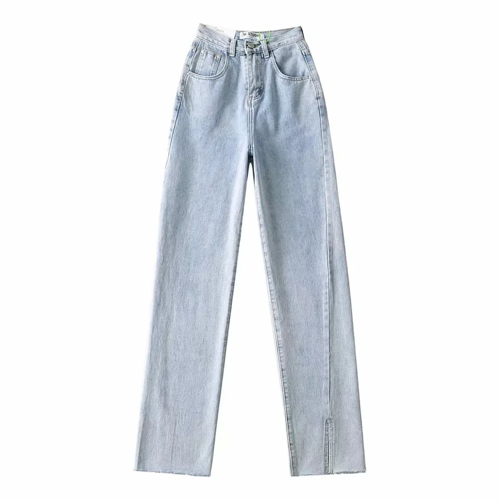 

INS European and American Fashion High Waist Loose Straight Front and Rear Slit Wide Leg Denim Trousers Mop Jeans for Women
