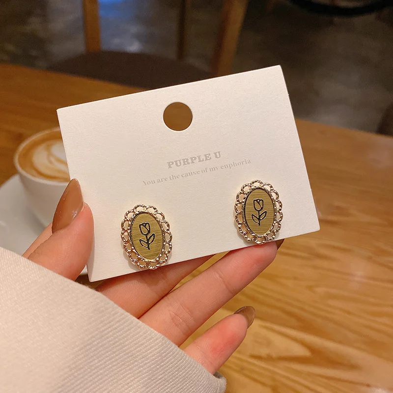 

925 silver needle advanced sense Korean minority oval square printed Earrings temperament Fashion Earrings Ear accessories