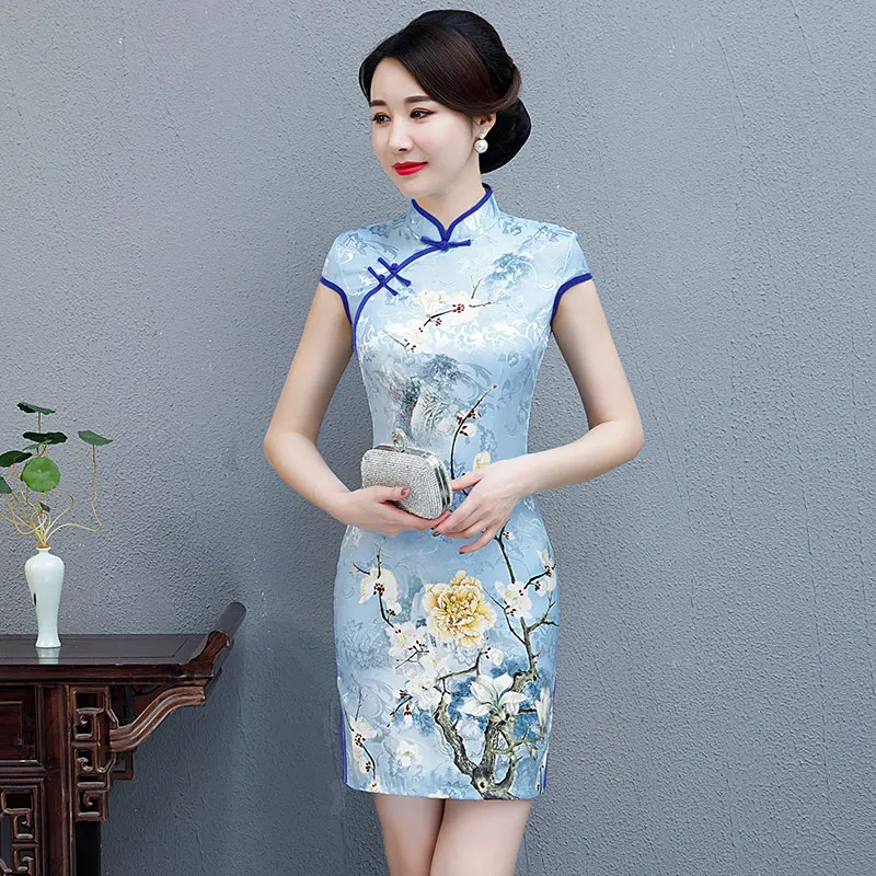 Черное Красное китайское традиционное платье женское шелковое атласное cheongsam винтажное Ципао с коротким рукавом длинное платье с цветами плюс - Цвет: color7