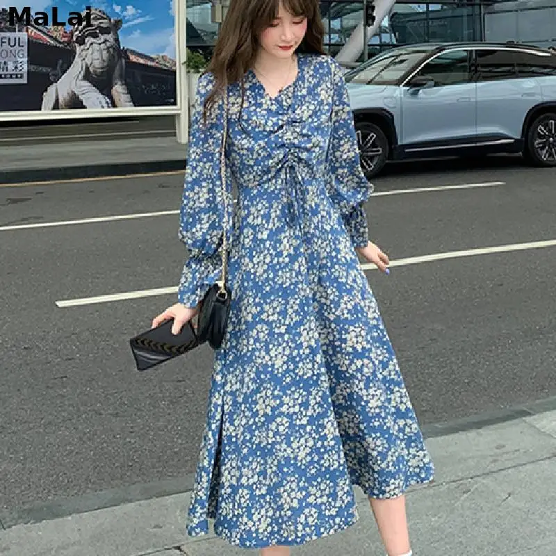 

Женское офисное платье миди, элегантное винтажное платье с цветочным принтом, с V-образным вырезом и длинным рукавом, осень 2021