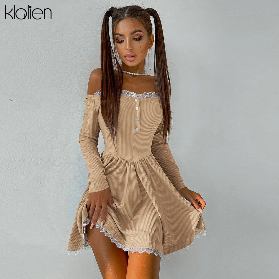 

Женское трикотажное платье KLALIEN, элегантное однотонное ТРАПЕЦИЕВИДНОЕ ПЛАТЬЕ на шнуровке, с вырезом-лодочкой, для офиса, для осени