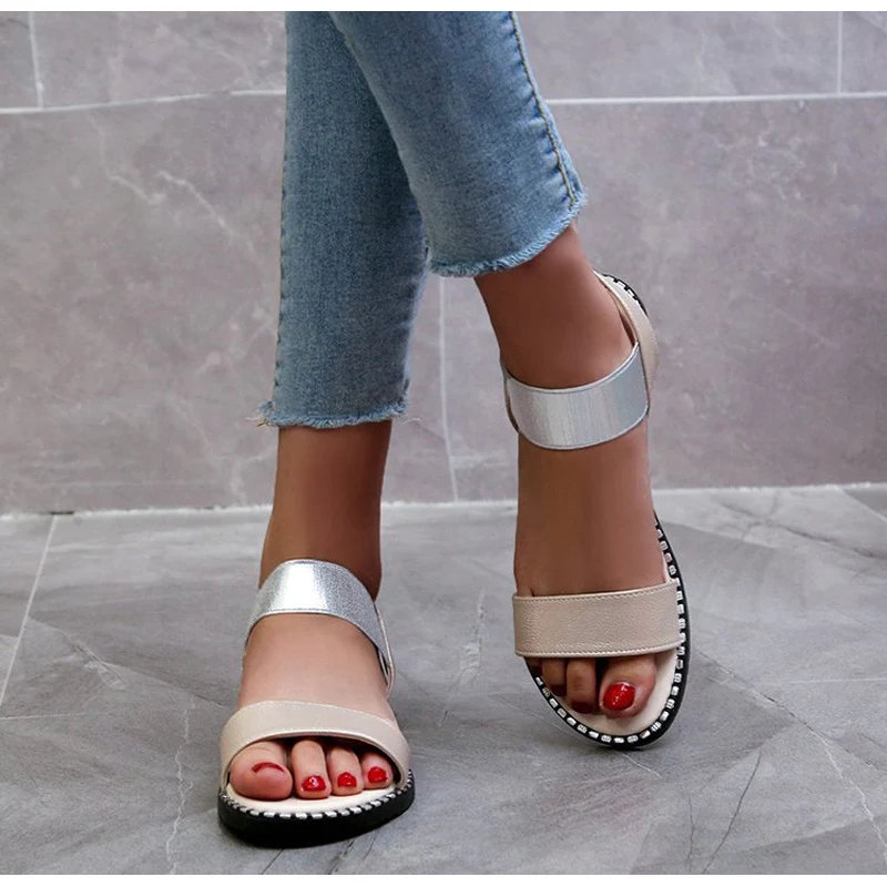 Женские сандалии на плоской подошве с открытым носком удобная повседневная