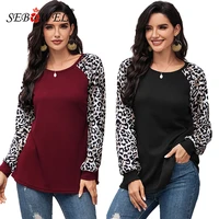 sebowel 2020 womens new o neck leopard long sleeve t shirt spring autumn female patchwork loose tops casual ladies t shirts