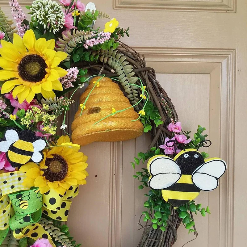 

Summer Wreath Sunflower Bumble Bee Door Wreath Bell Layout Props Hanging Decoration Decor 50cm For Front Door L23