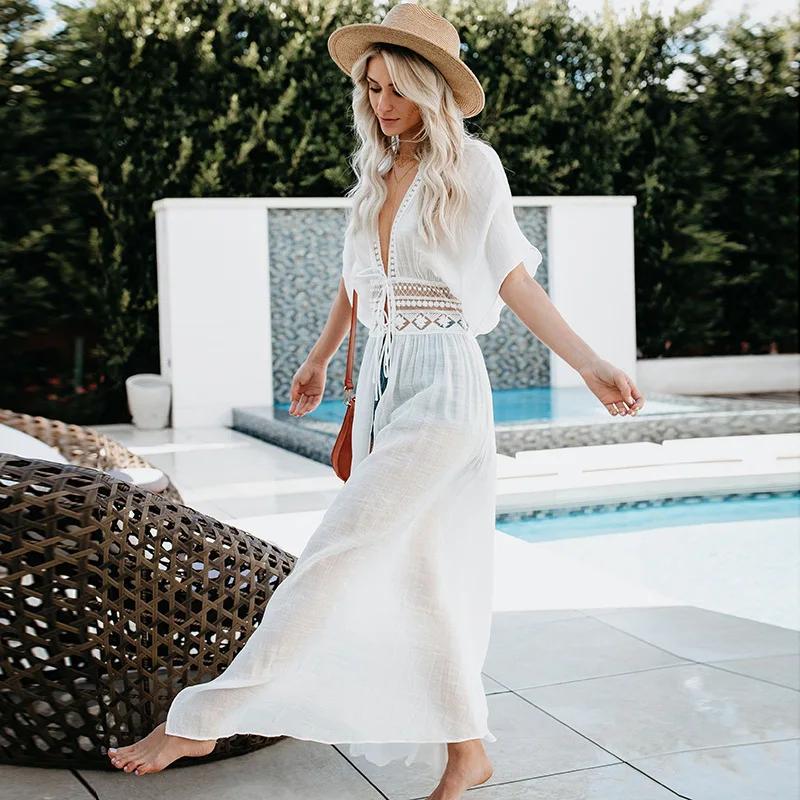 Женское хлопковое кимоно кардиган кружевное длинное пляжное платье макси