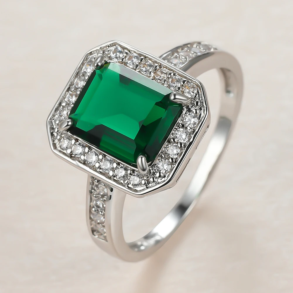 

Vintage Female Green Crystal Stone Ring Charm Silver Color Wedding Rings For Women Promise Bride Square Zircon Engagement Ring