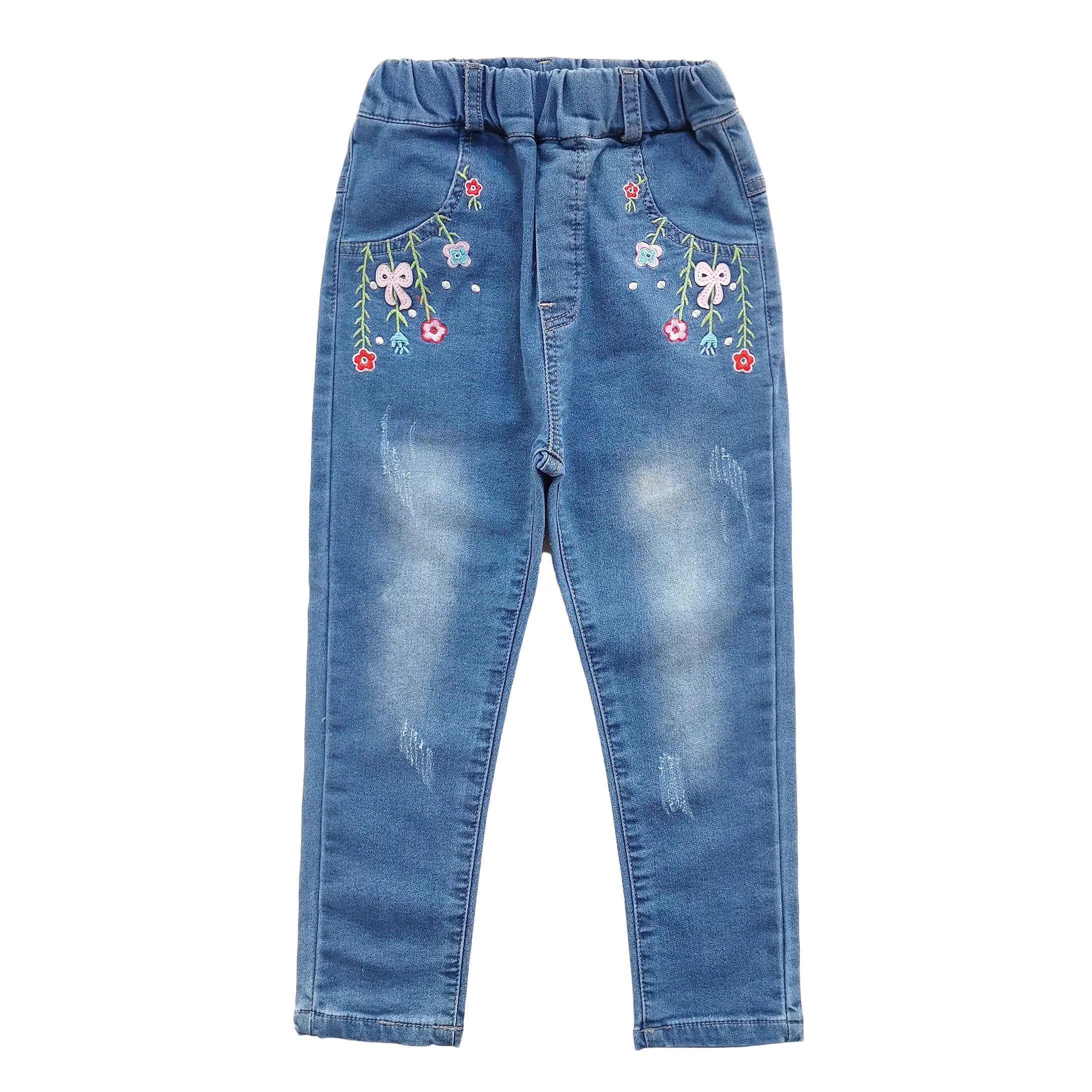 

Джинсы Chumhey для девочек, хлопковые эластичные мягкие джинсовые брюки, детские брюки с вышивкой и цветами, одежда для девочек