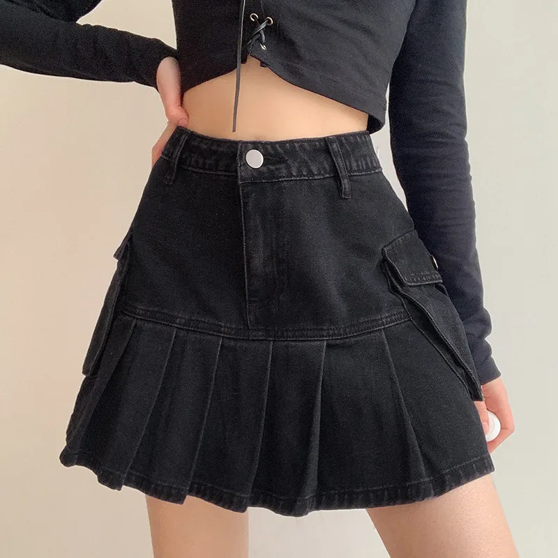 

Vintage 2021 Pleated Jeans Skirts Women Dark Academia Fashion Skirts Goth Black High Waist Skirt 90s Korean Pockets