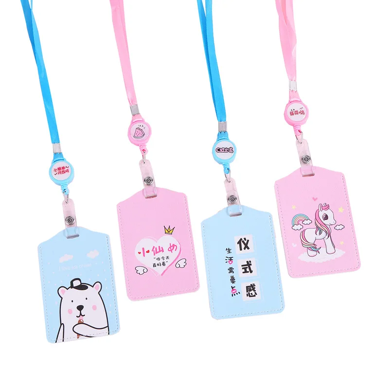

PU Badge Holder Women Leather ID Card Case Kids Girls Boys Student Lanyard Cute Panda Dinosaur Pattern Access Card Pass Cover