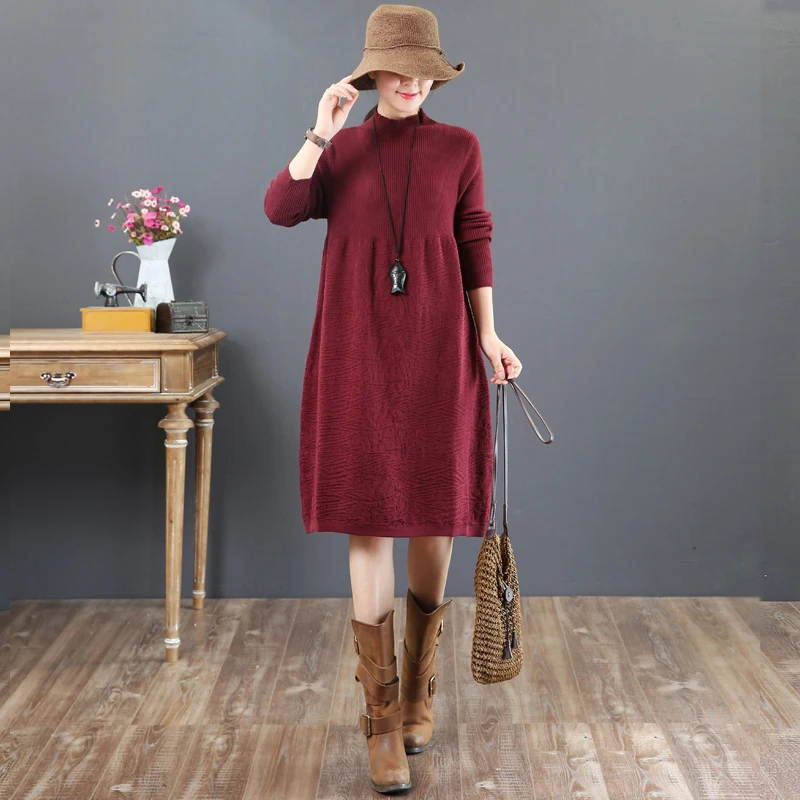 Трикотажное платье-свитер Хлопковый пуловер с высоким воротом и длинным рукавом