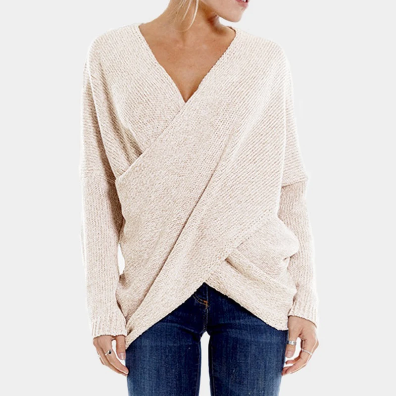 

2020 Autumn Women's V-Neck Criss-Cross Knitted Sweater Winter Long Sleeve Solid Warm Loose Casual Pullover Knitted Sweater