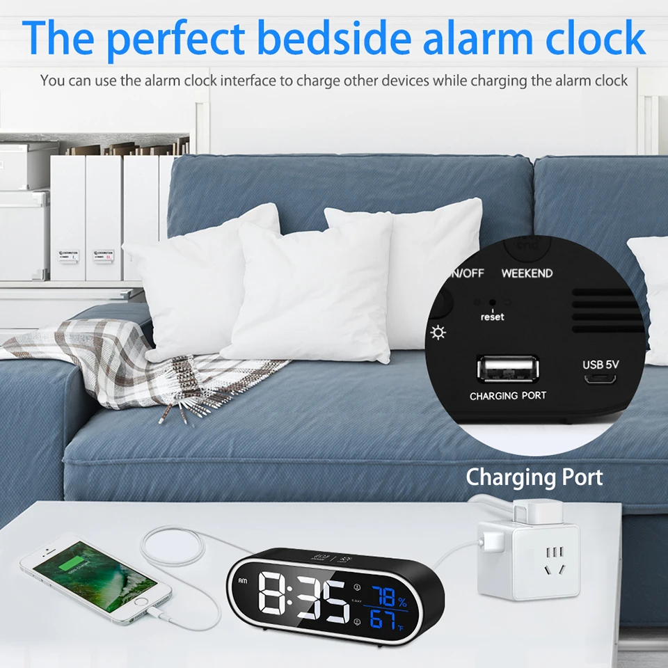 Светодиодный зеркальный будильник часы Сенсорный экран цифровые звуки