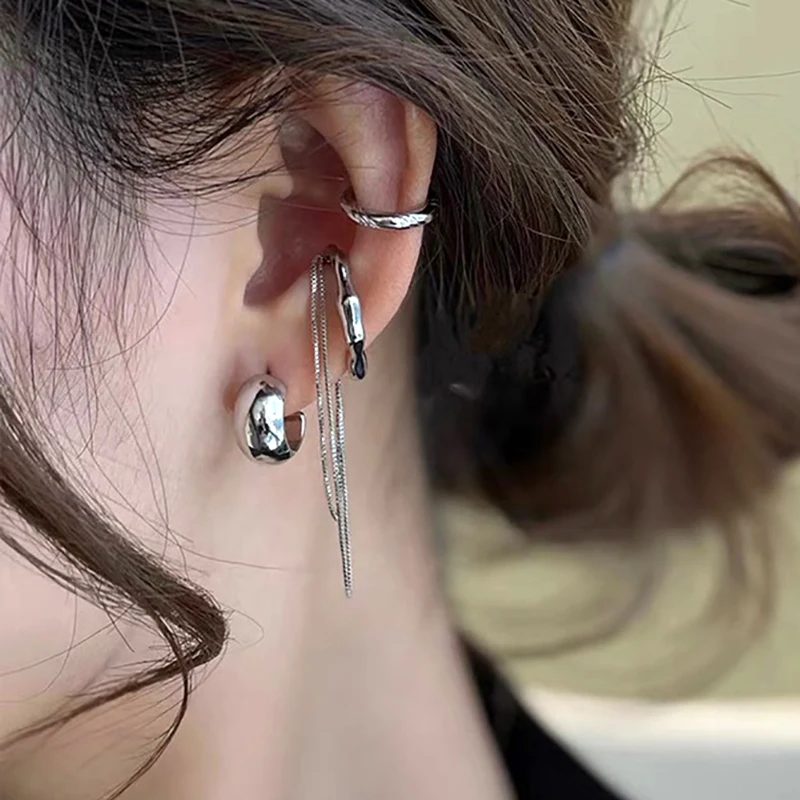 

4PCS/SET Ear Bone Clip Earrings Gold Silver Color Ear Cuff Geometric Metal Chain Tassel Clip Earrings for Women Gift