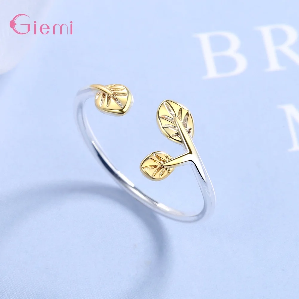 

Real 925 Sterling Silver Yellow Tree Leaves Open Adjustable Finger Rings For Women Elegant Fashion Jewelry Accessory