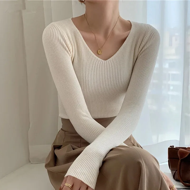 

Elegant Chic V-neck Skinny Women Sweaters 2021 Autumn Winter Long Sleeve Slim Female Knitting Tops Jumpers