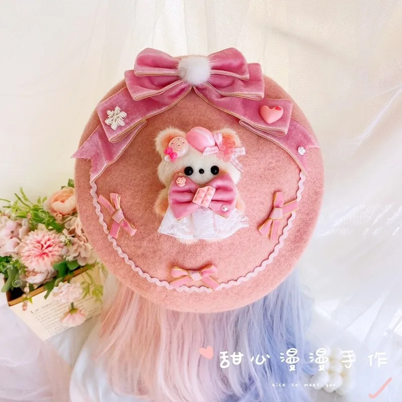 

Wool Lolita Maiden Autumn Winter Keep Warm Beret Original Handmade Painter Cap Plush Bowknot Ball Top Janpanese Soft Sister Hat