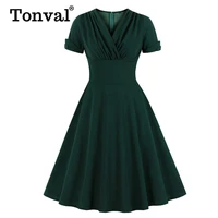 tonval ruched v neck wrap high waist 1950s vintage green a line swing dresses women summer solid elegant party midi dress