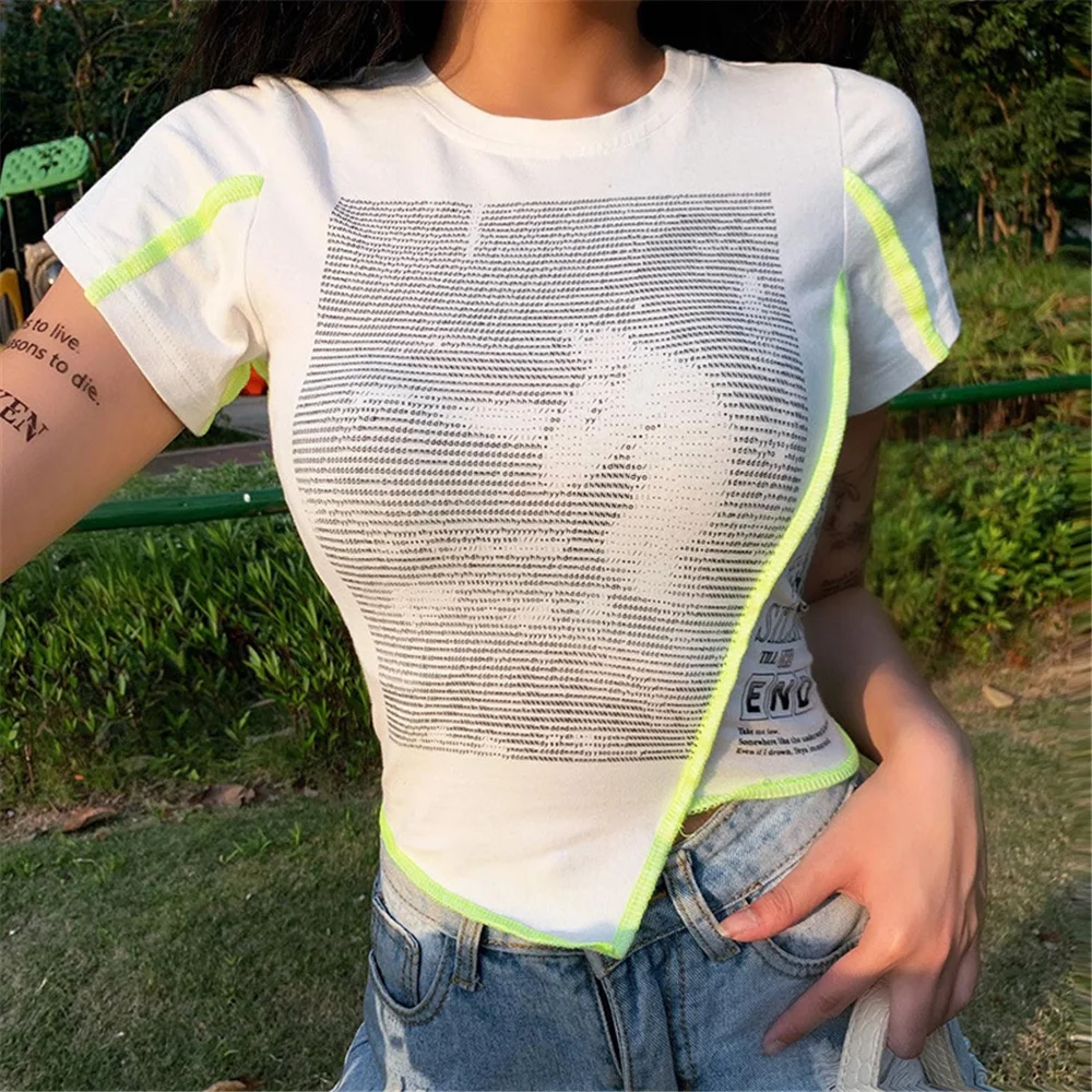 

Zaraing Irregular Short-Sleeve Women's T-Shirts Sexy Personalized Printing Splicing Short Tops White Fashion Streetwear Clother