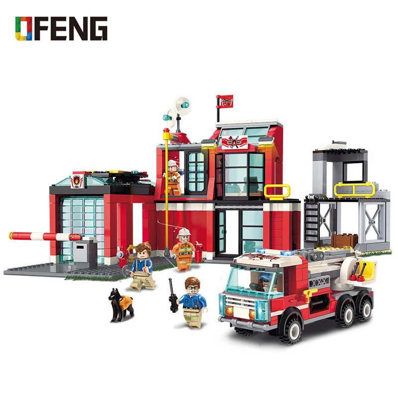 Город серии пожарная станция модель строительные блоки Пожарная машина кирпича