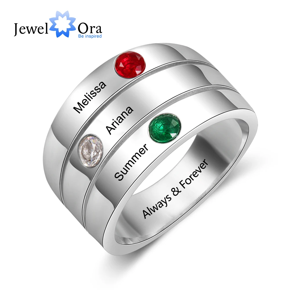 Индивидуальное кольцо JewelOra для матерей с 3 камнями по месяцу рождения