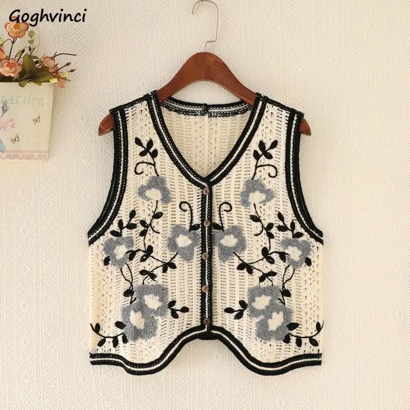 

Vests Women Print V-Neck Ladies Coats Hollow Out Cropped All-match Retro Preppy Style Leisure Fashion Ulzzang Teens Newest Cozy