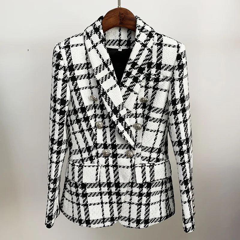 

MSXU Women Elegant Vintage Shawl Collar Tartan Plaid Checks Button Sheath Slim Tweed Work Office Lady Business Suit Blazer Coat