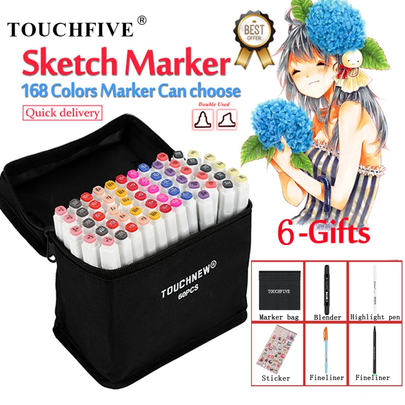 TouchFIVE 168 цветов художественные Маркеры Ручка на спиртовой основе двойная головка