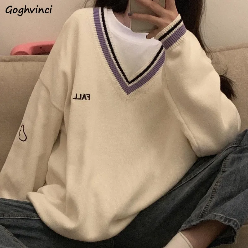 Пуловеры женские с V-образным вырезом в стиле пэчворк свободные для школьников