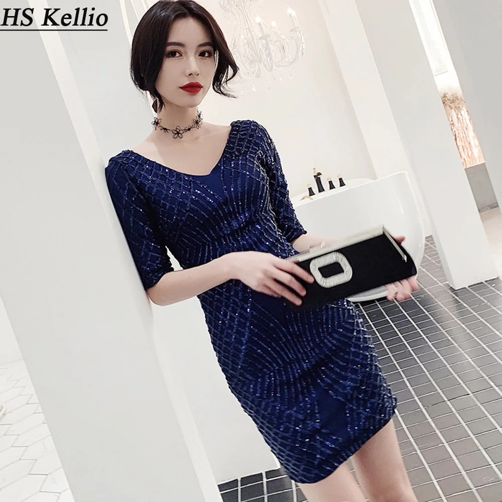HS Kellio пикантное платье цвета коктейль Vneck темно-синий Мини Короткие рождественские вечерние платья блестящее кружево