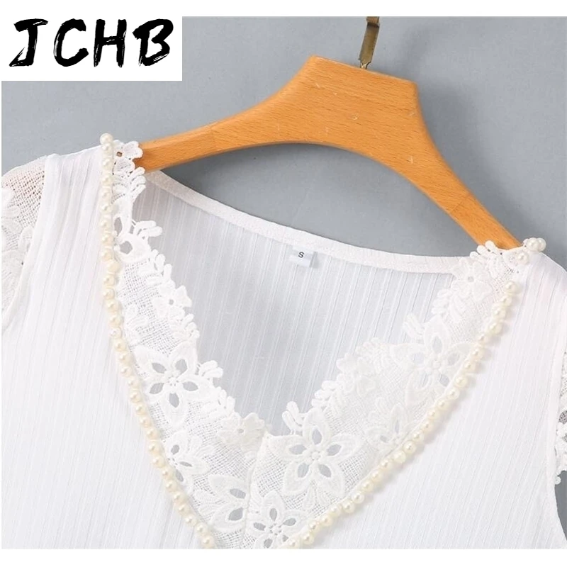 

Summer Women Sexy T-Shirts Casual Solid Lace Patchwork Design Pearl Decor See Through V-Neck Sleeveless Slim Pullover White Tops