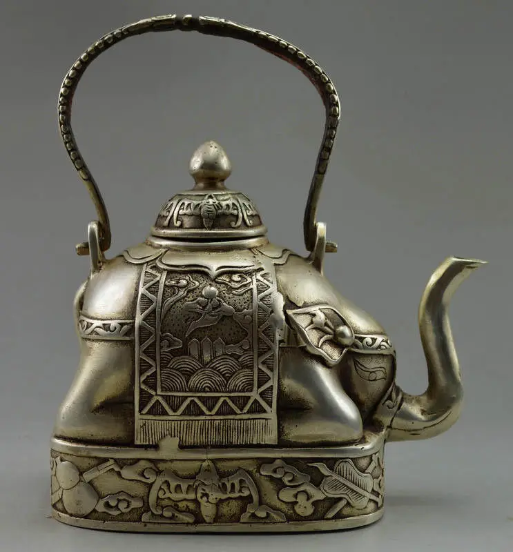

decoration brass factory outlets Tibet Silve Collectible Decorate Old Flower Elephant Teapot