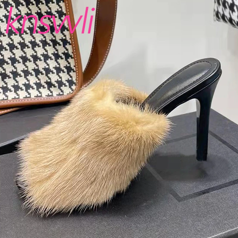 

New Mink Hair High Heels Slippers Women Autumn Winter Furry Shoes Female Sexy Thin Heels Mules Shoes Woman Runway Slippers