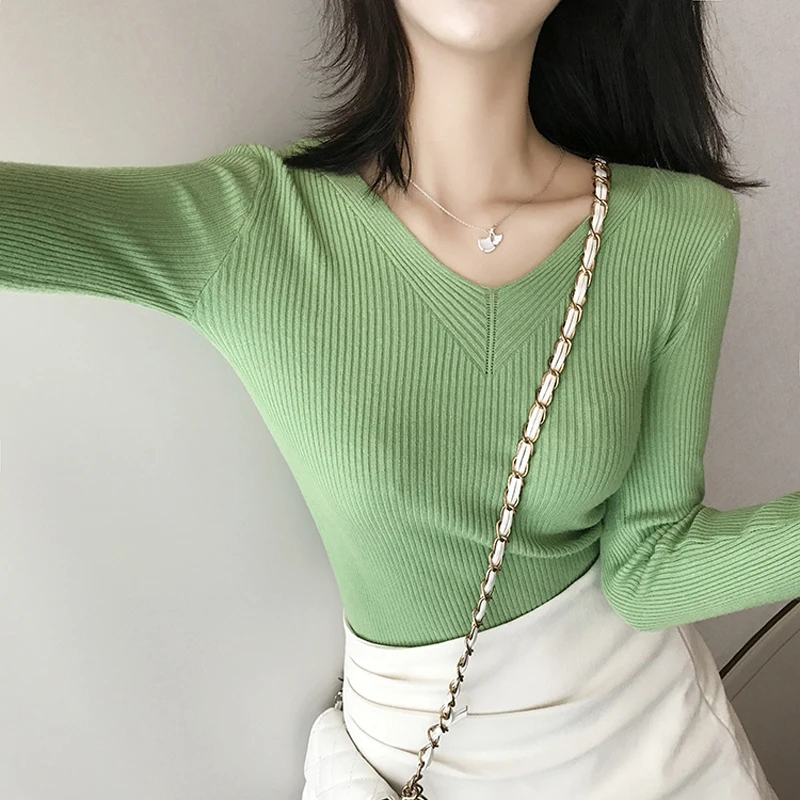 Женский трикотажный пуловер с V-образным вырезом и длинным рукавом | Женская