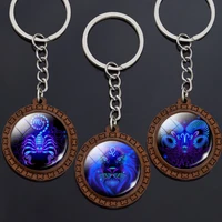 12 constellations wooden key chains 12 zodiac signs glass cabochon pendant keychain aries leo scorpio pisces cancer keyring