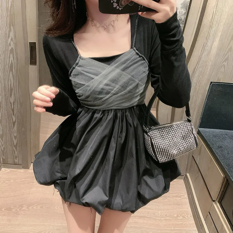 

2020 Autumn Winter New Fashion Hepburn Wind Black Women's T Shirt Bandage Mesh Camis Puffy Tutu Long T-Shirt Women 2 Piece Suit