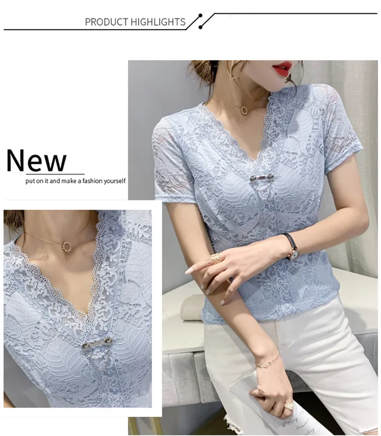 

Summer European Clothes Slim T-Shirt Chic Sexy V-Neck Lace Elegant Women Tops Short Sleeve Bottoming Shirt Tees New Hot T15201A