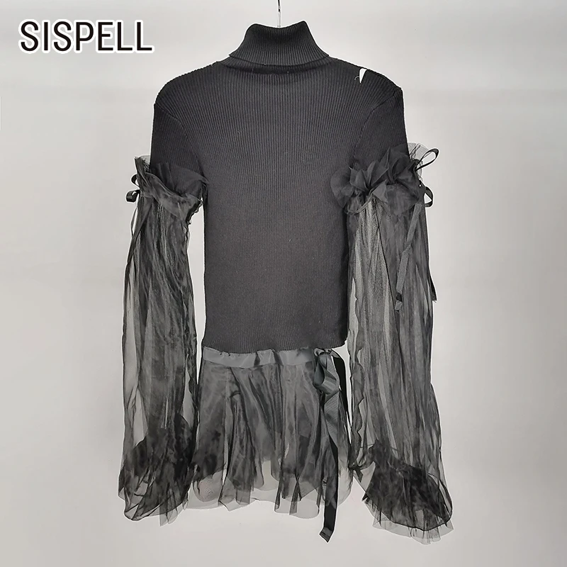 

SISPELL Patchwork Meshi Long Sleeve Sweater Women Turtleneck Knitted Pullover Tops Female 2022 Spring Autumn New Casual Clothes