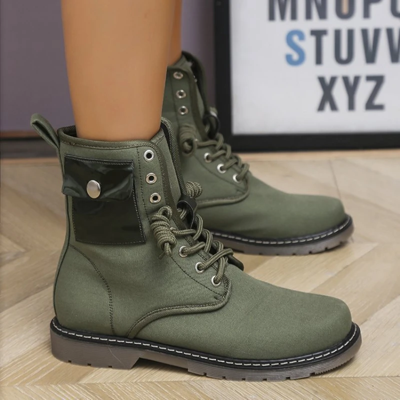 

New Designer Pocket Decorate Lace-up Riding Boots Short Flats Womens Spring Autumn Military Training Booties Leopard Print Woman