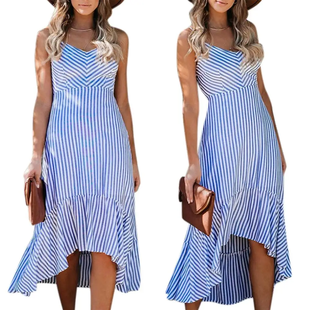 

Vicabo Womens Striped Dress Female Spaghetti Strap Ladies Irrgular Swing Dresses Mujer Office Lady Robe Summer Dress